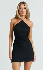 Andrea Mini Dress - Lace Halter A Line Dress in Black