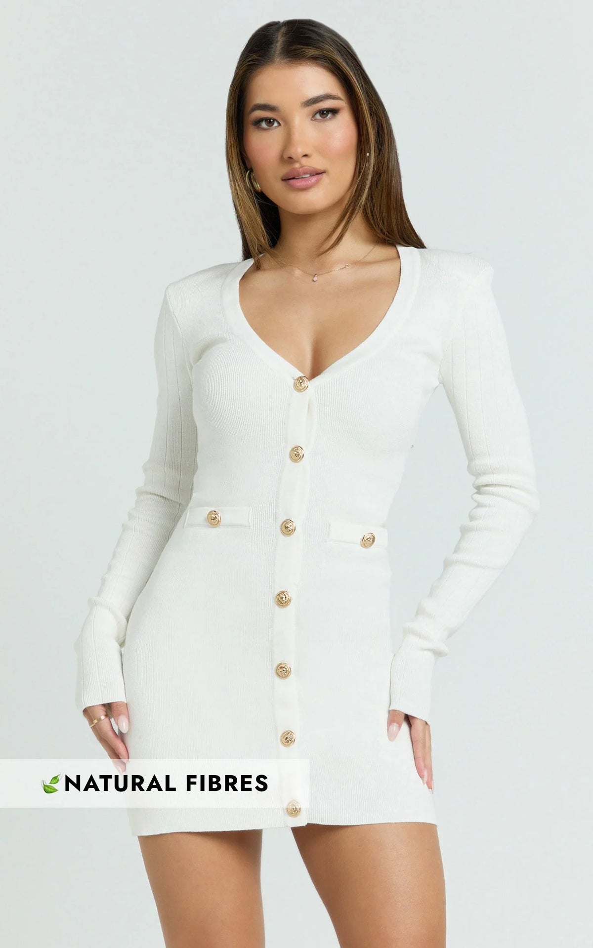 Nikka Mini Dress - Long Sleeve V Neck Bodycon Knit Dress in Cream