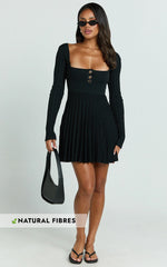 Hansen Mini Dress - Square Neck Long Sleeve Fit And Flare Pleated Dress in Black