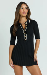 Lada Mini Dress - Short Sleeve Button Front Knit Dress in Black