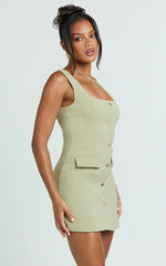 Kenna Mini Dress - Square Neck Button Down Mini Dress in Sage