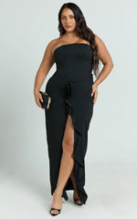 Jamilla Maxi Dress - Strapless Ruffle Front Fit And Flare Dress in Black