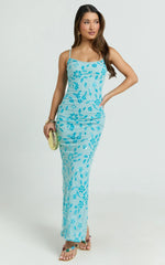 Robbie Maxi Dress - Strappy Scoop Neck Column Fitted Sequin Mesh Dress in Blue