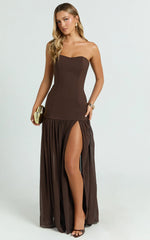 Jocelyn Maxi Dress - Strapless Ruched Fit And Flare Dress in Chocolate