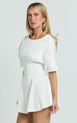 Dylan Mini Dress - High Boatneck Sleeved Fit And Flare Skirt Dress in White