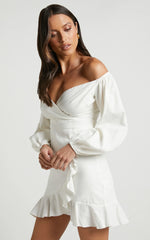 Cant Move On Off Shoulder Mini Linen Blend Dress in White Linen Look