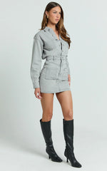 Kamala Mini Dress - Long Sleeve Button Through Denim Dress in Grey
