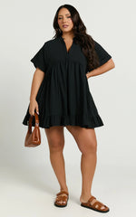 Calissa Mini Dress - Frill Hem Smock Dress in Black