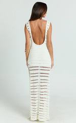 Orlando Maxi Dress - Boat Neck Low Back Side Split Knit Dress in Off White