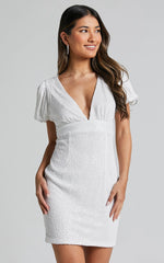Cleonna Mini Dress - Short Puff Sleeve Plunge Neck Sequin Bodycon in White