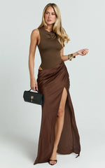 Pepper Maxi Dress - High Neck Bodysuit with Draped Skirt in Chocolate