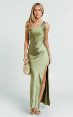 Isla Maxi Dress - Satin One Shoulder Side Split Dress in Olive