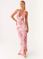 Micca Halter Maxi Dress - Pink Floral Print