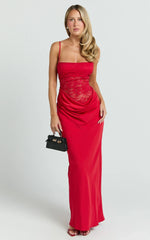 Rania Maxi Dress - Contrast Lace Bodice Bias Cowl Drop Waist Dress in Red