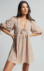 Rosita Mini Dress - Tie Front Puff Sleeve Dress in Caramel & White Gingham