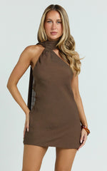 Maddox Mini Dress - Scarf Neck Low Tie Back Slip Dress in Brown