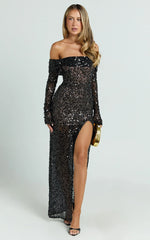 Alexandra Maxi Dress - Sequin Off Shoulder Leg Split Dress in Black
