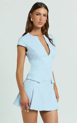 Darius Mini Dress - Cap Sleeve Slit Neck Fit And Flare Dress in Powder Blue