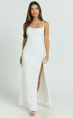 Mimi Maxi Dress - Embroidered Cowl Neck High Split Dress in White