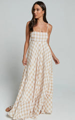 Katrien Maxi Dress - Strappy Empire Waist Flare Dress in Beige and White Check