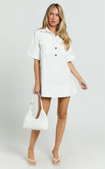 Lynda Mini Dress - Short Sleeve Collared Patch Pocket Shift Dress in Off White