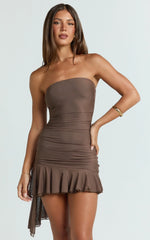 Haylee Mini Dress - Mesh Strapless Drop Waist Dress in Chocolate