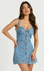 Alena Mini Dress - Sweetheart Button Down Sleeveless Bodycon Denim Dress in Mid Blue Wash