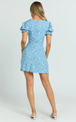 Jacky Mini Dress - Sweetheart Puff Sleeve Mini Dress in Blue Floral