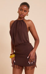 Chocolate Chiffon Halter Neck Ruched Beaded Mini Dress