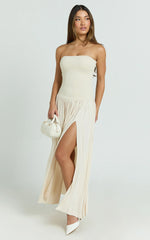 Harlee Maxi Dress - Strapless Drop Waist Knit Bodice Full Gathered Skirt Dress in Cream