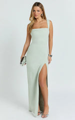Donna Maxi Dress - Cowl Neck Column High Split Dress in Sage