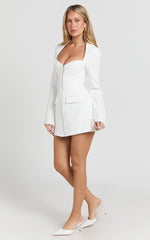 Lausanne Mini Dress - Sweetheart Neck Long Sleeve Zip Front Tulip Dress in White
