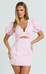 Carolyn Mini Dress - V Neck Puff Sleeve Dress in Pale Pink