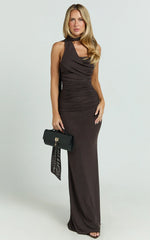 Larson Maxi Dress - Asymmetric Tie Neck Column Dress in Chocolate