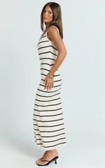 Lucille Maxi Dress - Sleeveless Striped Sweater Dress in Cream / Black Stripe