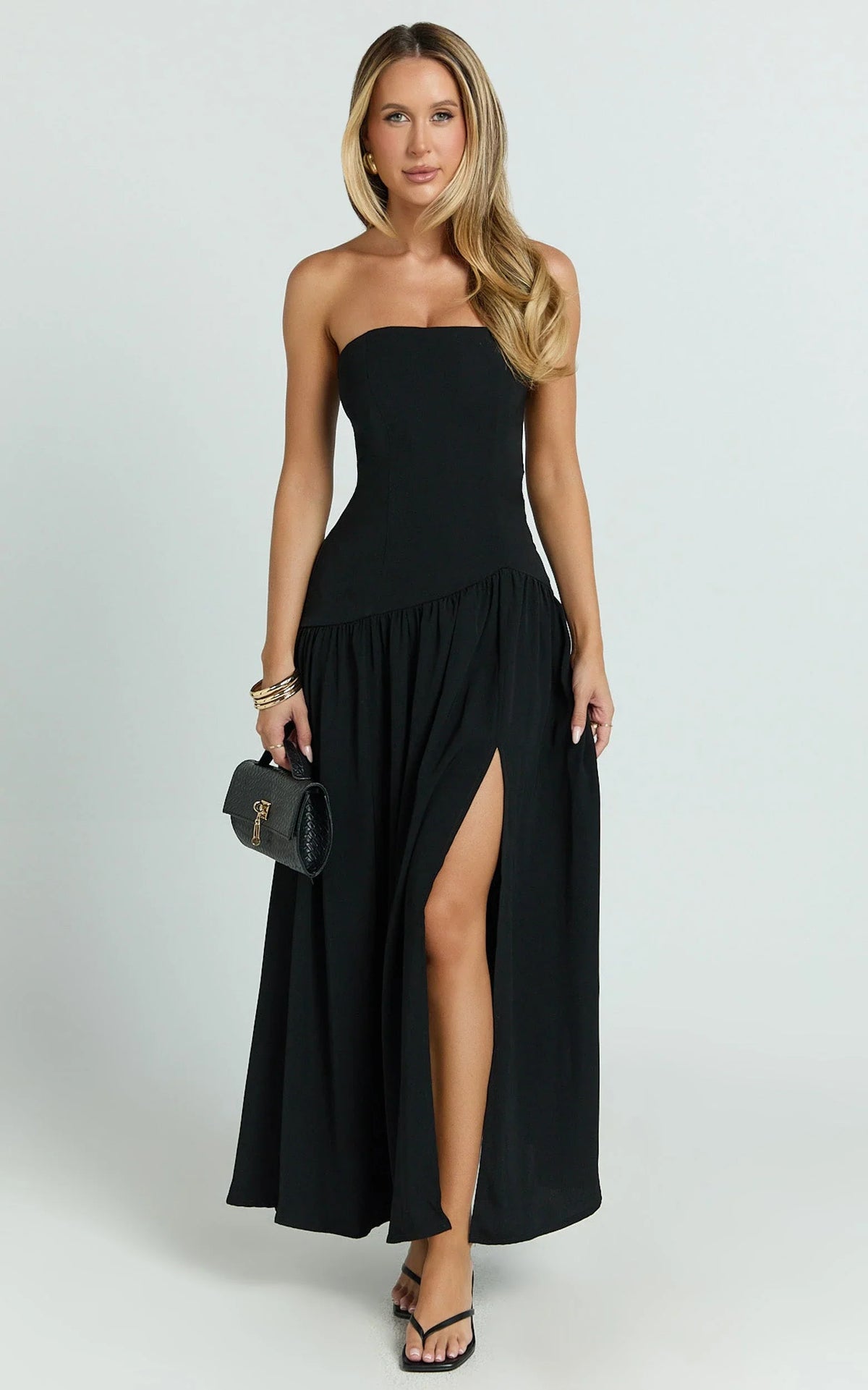 Nadiane Maxi Dress - Strapless Asymmetric Drop Waist Dress in Black
