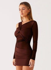 Ophelie Asymmetric Long Sleeve Mini Dress - Chocolate