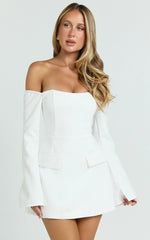 Nettie Mini Dress - Off Shoulder Longsleeve Fit and Flare Dress in White