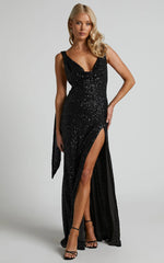 Malisha Maxi Dress - Sequin Cowl Neck Backless Dress in Black