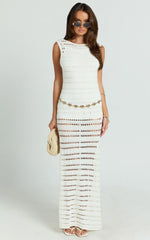 Orlando Maxi Dress - Boat Neck Low Back Side Split Knit Dress in Off White