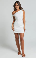Jeofina Mini Dress - Off The Shoulder Linen Look Dress in White