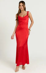 Grace Maxi Dress - Cowl Neck Satin Slip Dress in Coral Red