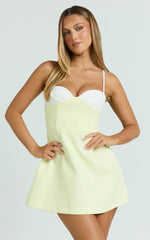 Anna Mini Dress - Contrast Neck Tulip Skirt Dress in Lemon and White