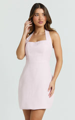 Aurora Mini Dress - Halter Neck Fit and Flare Dress in Pink