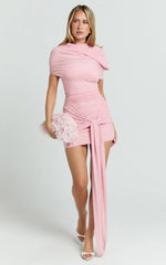 Nicolette Mini Dress - Ruched Short Sleeve Bodycon Dress in Blush