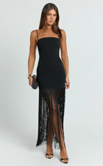 Evie Maxi Dress - Crepe Fringed Shift Dress in Black
