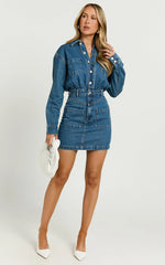 Kamala Mini Dress - Long Sleeve Button Through Denim Dress in Dark Blue Wash