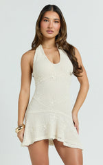 Estella Mini Dress - Scooped V Halter Drop Waist Frill Hem Skirt in Ivory