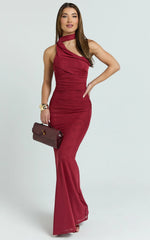 Larson Maxi Dress - Asymmetric Tie Neck Column Dress in Wine