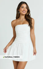 Donatella Mini Dress - Strapless Drop Waist Dress in White